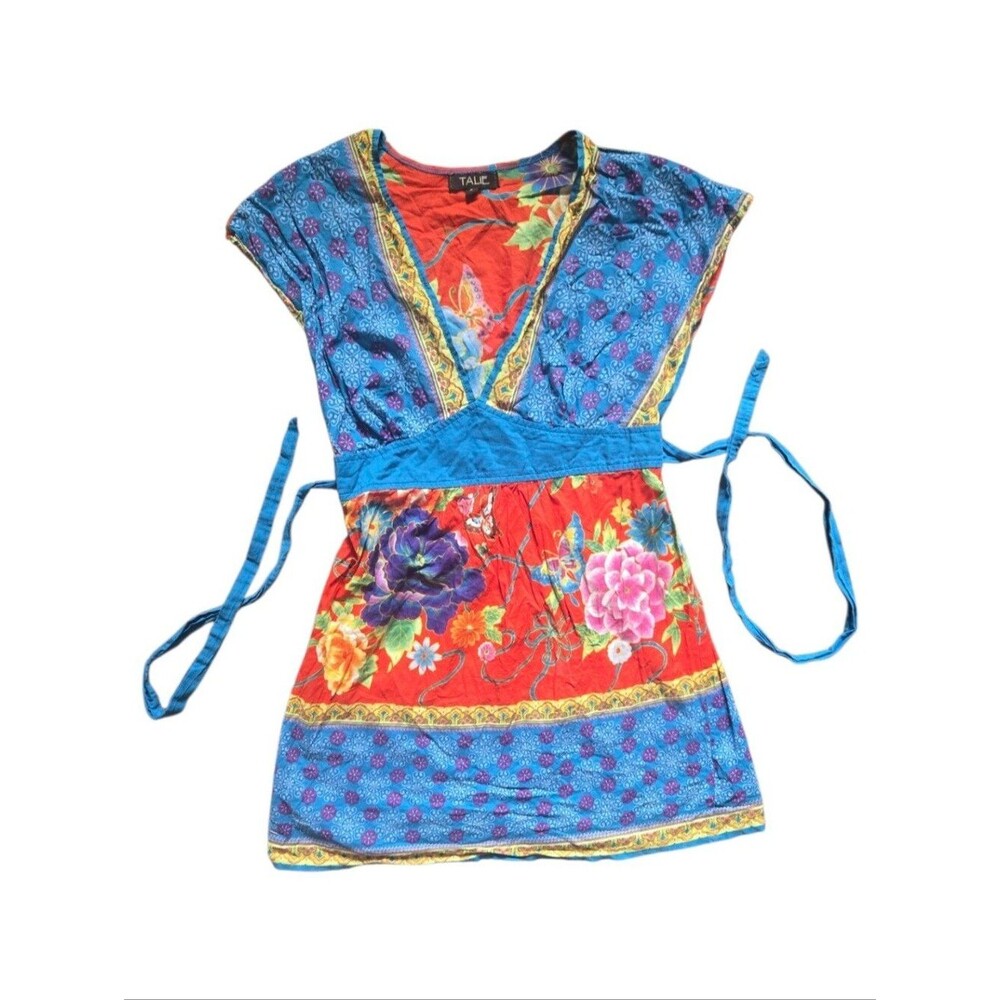 Talie Vibrant Floral & Butterfly Print Boho Tunic Top - V-Neck, Tie Waist - S